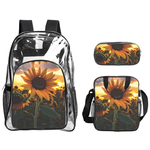 QHZLY Transparentes PVC-Farm-Sonnenblumen-Rucksack, Lunchtasche, Federmäppchen-Set, leicht und langlebig von QHZLY