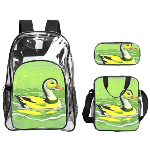 QHZLY Transparentes PVC-Grünes Enten-Rucksack, Lunch-Tasche, Federmäppchen-Set, leicht und langlebig von QHZLY