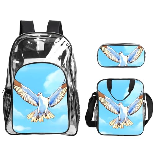 QHZLY Transparentes PVC-Möwen im Flug Rucksack Lunchtasche Federmäppchen Set, leicht und langlebig von QHZLY