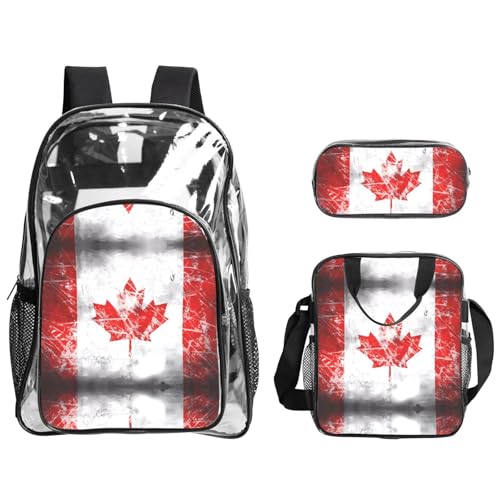QHZLY Transparentes PVC-Retro-Kanada-Flaggen-Rucksack, Lunch-Tasche, Federmäppchen, Set, leicht und langlebig QHZLY Transparentes PVC-Retro-Kanada-Flaggen-Rucksack, Lunch-Tasche, Federmäppchen, Set, leicht und langlebig von QHZLY