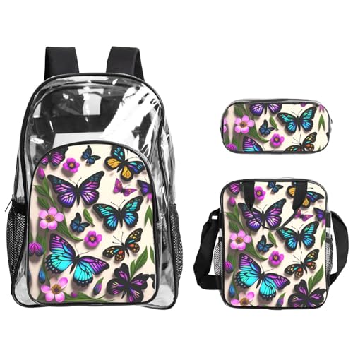 QHZLY Transparentes PVC-Rucksack-Set mit violetten, blauen und gelben Schmetterlingen, leicht und langlebig von QHZLY