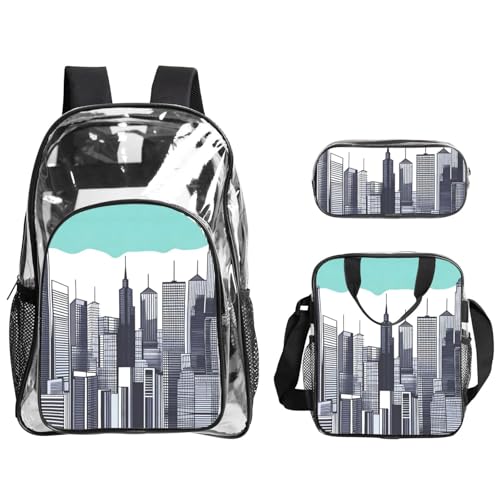 QHZLY Transparentes PVC-Rucksack mit Stadtbild, Federmäppchen, leicht und langlebig von QHZLY