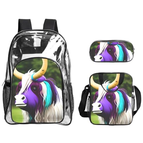 QHZLY Transparentes PVC-Rucksack mit buntem Kuhkopf-Design, leicht und langlebig von QHZLY