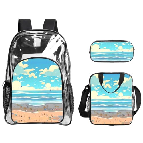 QHZLY Transparentes PVC-Strand-Cartoon-Rucksack, Lunchtasche, Federmäppchen-Set, leicht und langlebig von QHZLY
