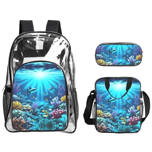 QHZLY Transparentes PVC-U-Boot-Korallenstrahlen-Rucksack, Lunchtasche, Federmäppchen-Set, leicht und langlebig QHZLY Transparentes PVC-U-Boot-Korallenstrahlen-Rucksack, Lunchtasche, Federmäppchen-Set, leicht und langlebig von QHZLY