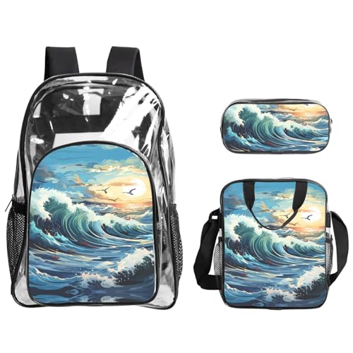 QHZLY Transparentes PVC-Wellen-Segelboot Möwe Rucksack Mittagessen Tasche Federmäppchen Set, leicht und langlebig QHZLY Transparentes PVC-Wellen-Segelboot Möwe Rucksack Mittagessen Tasche Federmäppchen Set, leicht und langlebig von QHZLY