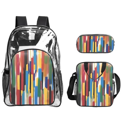 QHZLY Transparentes PVC a Creative Strokes Rucksack Lunchtasche Federmäppchen Set, leicht und langlebig von QHZLY