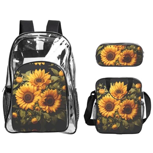 QHZLY Transparentes PVC mit gelbem Sonnenblumen-Rucksack, Lunch-Tasche, Federmäppchen, leicht und langlebig von QHZLY