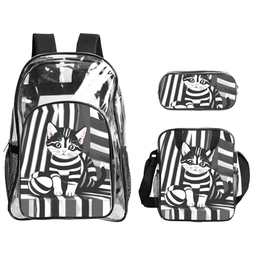 QHZLY Transparentes PVC-schwarz-weiß gestreiftes Kätzchen-Rucksack, Lunchtasche, Federmäppchen-Set, leicht und langlebig QHZLY Transparentes PVC-schwarz-weiß gestreiftes Kätzchen-Rucksack, Lunchtasche, Federmäppchen-Set, leicht und langlebig von QHZLY