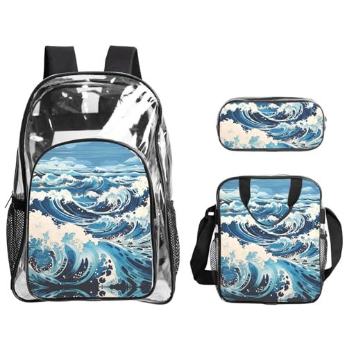 QHZLY Ukiyo-e Stil Wellen Rucksack Lunch Bag Pencil Case Set, Transparent PVC Leicht und Langlebig von QHZLY