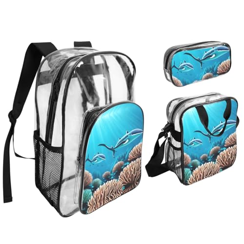 Transparenter PVC-Rucksack mit Tiefsee-Walen, Lunch-Tasche, Federmäppchen, leicht und langlebig von QHZLY