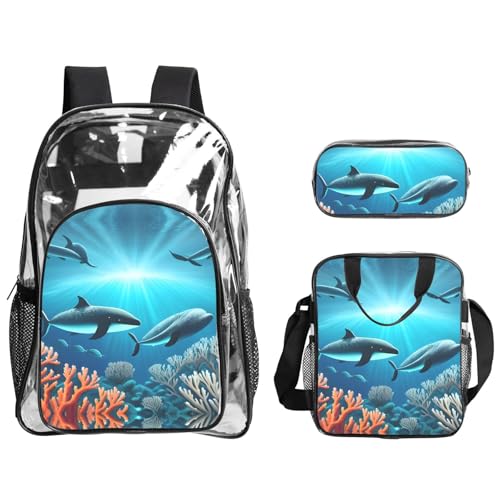 Transparenter PVC-Rucksack mit Walen unter dem Meer, Rucksack und Federmäppchen, leicht und langlebig Transparenter PVC-Rucksack mit Walen unter dem Meer, Rucksack und Federmäppchen, leicht und langlebig von QHZLY