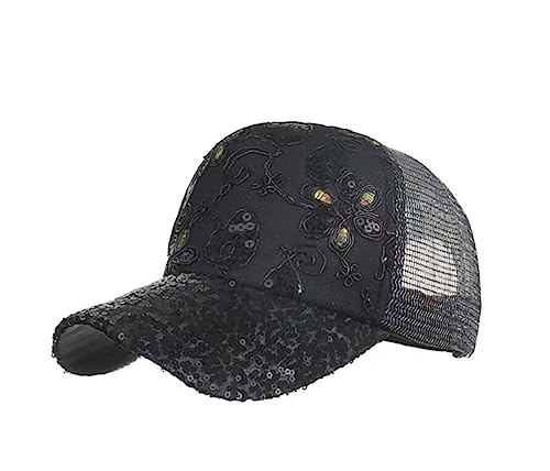 QI YUAN Baseball Cap Damen Mesh Sport Kappe mit Pailletten Frauen Sommer Cap Basecap (Schwarz) von QI YUAN