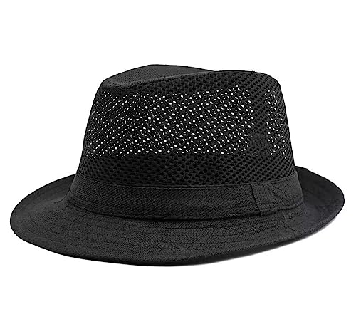 QI YUAN Fedora Panama Hut Herren Sommerhut Atmungsaktiver mesh Strandhut Sonnenhut (as3, Numeric, Numeric_56, Numeric_58, Schwarz) von QI YUAN