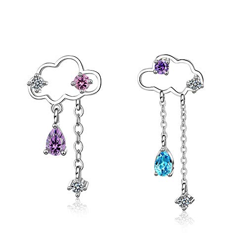 QIAMNI Süße asymmetrische Regenwolkenohrstecker für Damen, Silber, Zirkonia, Wassertropfen-Quaste, Ohrring, weiblich, Sterling Silber von QIAMNI Chandler
