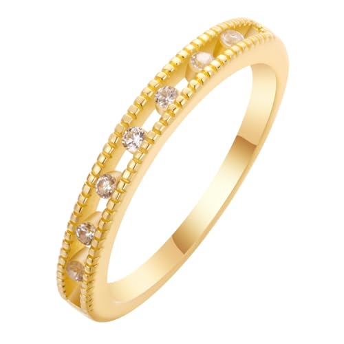 QIAMNI 14 Karat vergoldeter Kupferring mit ausgehöhltem Design und rundem Zirkonia, Größe 7 für den täglichen Gebrauch von QIAMNI