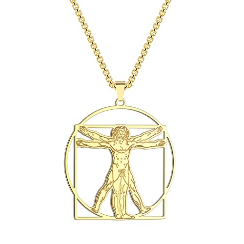 QIAMNI 316L Edelstahl Herren Da Vinci Vitruvian Halskette/Leonardo Da Vinci Halskette/Da Vinci Anhänger für Männer Geschenke (Gold) von QIAMNI