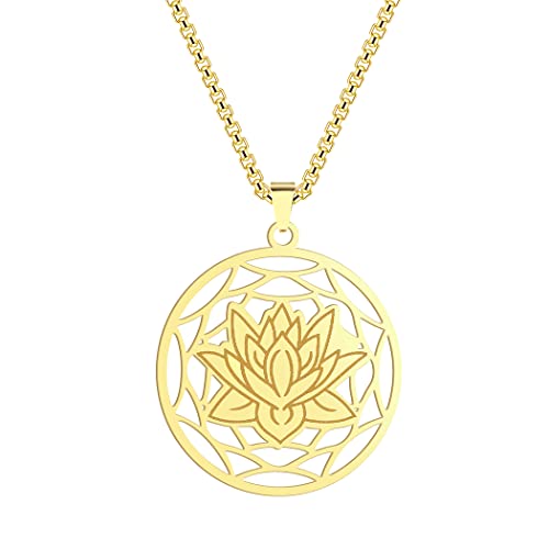 QIAMNI Damen-Halskette aus 316L-Edelstahl für zarten Lotusblumen-Anhänger/Buddha-Anhänger-Schmuck (Gold) von QIAMNI