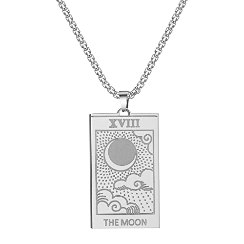 QIAMNI Edelstahl Tarotkarten Halskette Mond Stern Sonne Anhänger Astrologie Weissagung Magie Amulett Halskette Damen Herren Schmuck (Silver-The Moon) von QIAMNI