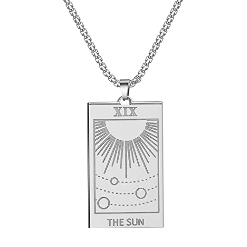 QIAMNI Edelstahl Tarotkarten Halskette Mond Stern Sonne Anhänger Astrologie Weissagung Magie Amulett Halskette Damen Herren Schmuck (Silver-The Sun) von QIAMNI