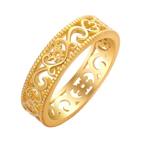 QIAMNI Filigraner Ring mit 14 Karat vergoldet, mit goldfarbenem Perlenbesatz, Größe 7, ideal für Retro-Outfits von QIAMNI