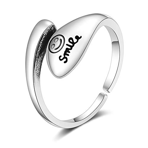 QIAMNI Silber Smiley Face Ring einfach offen einstellbar Brief Ring glücklich lächelnd Ringe für Frauen und Mädchen von QIAMNI