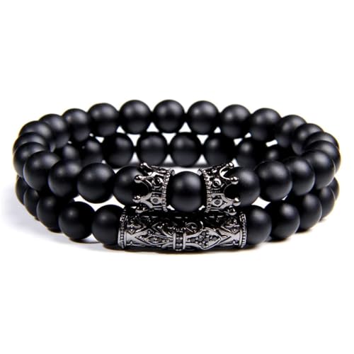 QIANGYTHENKO 2 Stück Perlenarmbänder Onyx Naturstein Armbänder Homme Armreifen für Herren Handgefertigte Accessoires, 23 cm, Stein Glas Stein: Emaille Glas, Zirkonia Achat Obsidian von QIANGYTHENKO