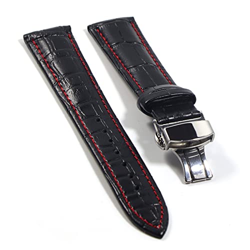 QIANHUI Watchband Lederriemen Riemen Uhrengurt Schmetterling Schnalle Accessoires Gürtel 18mm 20 mm 22 mm 24 mm (Color : Black Red-S, Size : 24mm) von QIANHUI