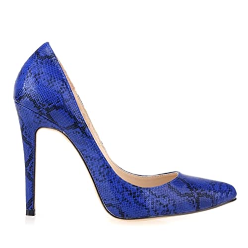 QIANKUN Klassische, sexy spitze Zehenpartie, High Heels, Damen, High Heels, künstlicher Schlangen-Druck, Hochzeit, Party, Schuhe, Blau, 8,5 von QIANKUN