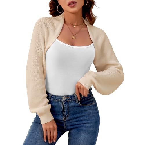 QIANSIQIANBO Bolero Damen Kurz Strickjacke Offener Front Crop Shrug Cardigan Rippstrick Langarm Strickpullover Leichte Jäckchen Casual Einfabig Schulterjacke für Kleider Aprikose-M von QIANSIQIANBO
