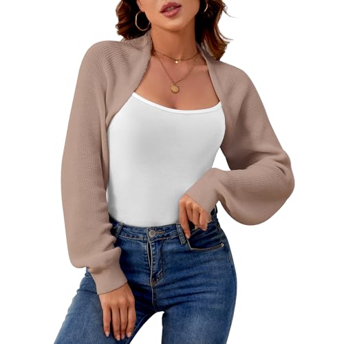 QIANSIQIANBO Bolero Damen Kurz Strickjacke Offener Front Crop Shrug Cardigan Rippstrick Langarm Strickpullover Leichte Jäckchen Casual Einfabig Schulterjacke für Kleider Khaki-M von QIANSIQIANBO