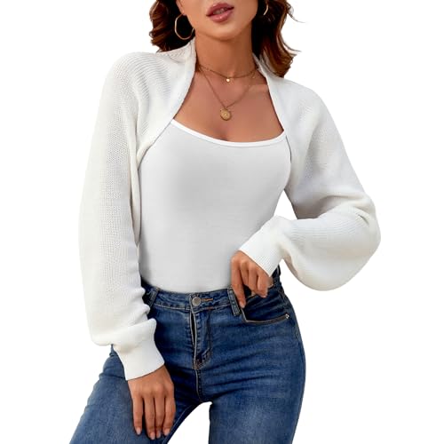 QIANSIQIANBO Bolero Damen Kurz Strickjacke Offener Front Crop Shrug Cardigan Rippstrick Langarm Strickpullover Leichte Jäckchen Casual Einfabig Schulterjacke für Kleider Weiß-M von QIANSIQIANBO