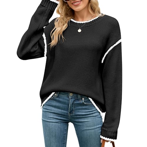 QIANSIQIANBO DDamen Pullover Oversized Pullover Mit Rundhalsausschnitt Farbabstimmung Gemütlicher Pullover Niedlicher Lockerer Herbstpullover (M) Schwarz von QIANSIQIANBO