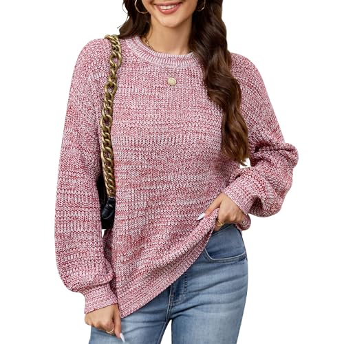 QIANSIQIANBO Damen Pullover Langarm Strickpullover Herbstoutfits Rundhals Farbblock Lässige Weiche Trendige Pullover Oberteile (L) Jujube Rot von QIANSIQIANBO