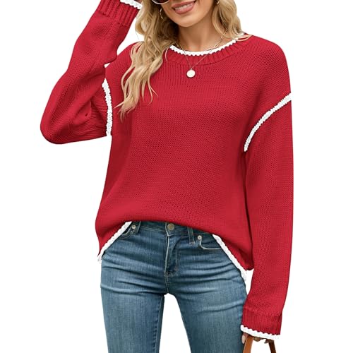 QIANSIQIANBO Damen Pullover Rundhalsausschnitt Langarm Farbabstimmung Strickpullover Lässige Oberteile für Damen (S) Rot von QIANSIQIANBO