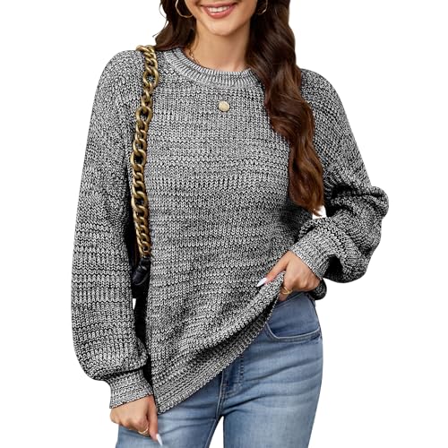 QIANSIQIANBO Damen Pullover Rundhalsausschnitt Langarm Farbblock Pullover Oberteile Oversized Winter Grobstrick Heather Pullover (L) Schwarz von QIANSIQIANBO