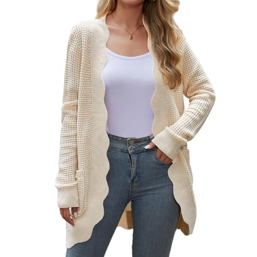 QIANSIQIANBO Damen Strickjacke Waffel Langarm Lässig Leicht Spitze Strickpullover für Frauen mit Taschen (S) Aprikose von QIANSIQIANBO