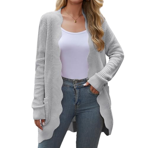 QIANSIQIANBO Damen Strickjacke mit Waffelmuster langärmelig grob gestrickt drapiert mit Taschen (L) Hellgrau von QIANSIQIANBO