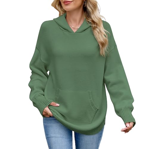 QIANSIQIANBO Hoodie Damen Kapuzenpullover Langärmeliger Strickpullover Sweatshirt mit Tasche Modischer Lässiger Tunika Pullover Oberteile (L) Grün von QIANSIQIANBO