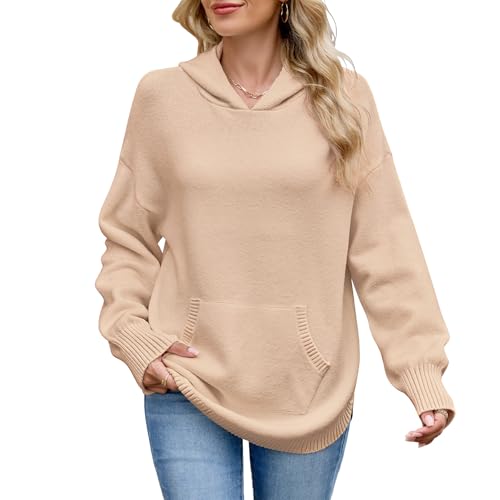 QIANSIQIANBO Hoodie Damen Kapuzenpullover Langarm Pullover Strickpullover Hoodie mit Tasche Locker sitzende Herbstoberteile (XL) Helles Kamel von QIANSIQIANBO
