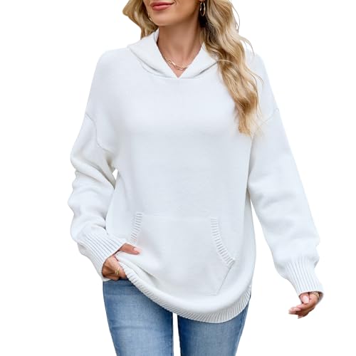 QIANSIQIANBO Hoodie Damen Kapuzenpullover Strickpullover Langarm Pullover Sweatshirt mit Tasche Lässige Tunika Tops (XL) Weiß von QIANSIQIANBO