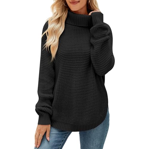 QIANSIQIANBO Pullover Damen Herbst Rippstrick Rollkragenpullover Lockerer lässiger Langarm Pullover Mit Schlitz Weicher Pullover (S) Schwarz von QIANSIQIANBO
