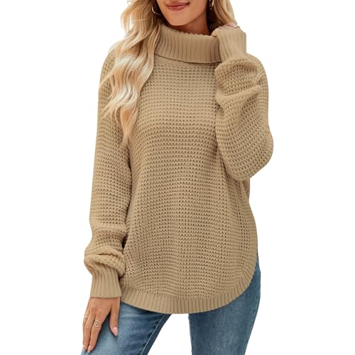 QIANSIQIANBO Pullover Damen Mit Grobem Strickmuster Rollkragen Geripptem Strick Lockerem Lässigem Schnitt Langen Ärmeln Und Schlitz Am Ausschnitt (S) Khaki von QIANSIQIANBO