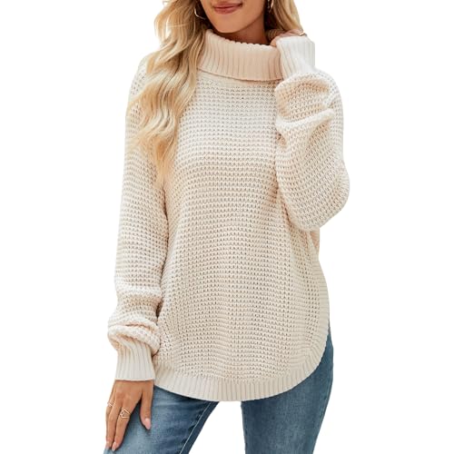 QIANSIQIANBO Pullover Damen Rollkragenpullover Elegant Herbst Waffelstrickpullover Grobstrick Lässiges Langarm Seitenschlitz Pullover Oberteile (XL) Aprikose von QIANSIQIANBO
