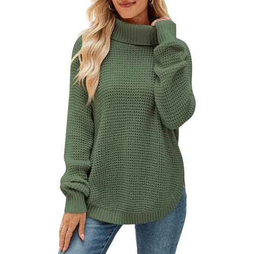QIANSIQIANBO Pullover Damen Rollkragenpullover Winter Rippstrickpullover Locker Sitzender Lässiger Langarm Pullover Mit Schlitz Niedlicher Pullover (XL) Grün von QIANSIQIANBO