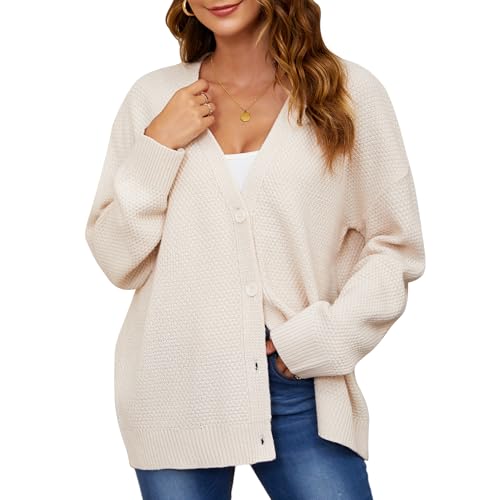 QIANSIQIANBO Strickjacke Damen Kurz Strick Cardigan V-Ausschnitt Knopfleiste Langarm Open Front Strickpullover Herbst Winter Gestrickte Strickjacke Top (L) Aprikose von QIANSIQIANBO