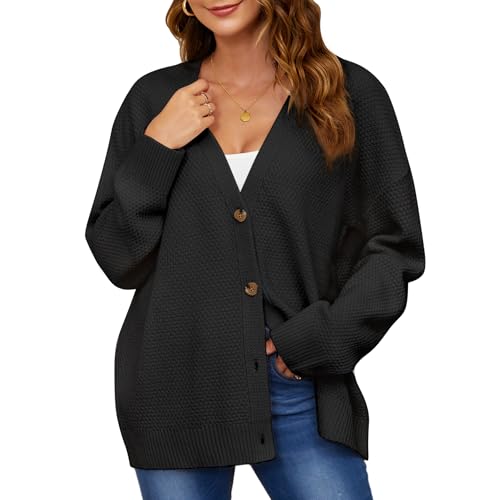 QIANSIQIANBO Strickjacke Damen Kurz Strick Cardigan V-Ausschnitt Knopfleiste Langarm Open Front Strickpullover Herbst Winter Gestrickte Strickjacke Top (M) Schwarz von QIANSIQIANBO