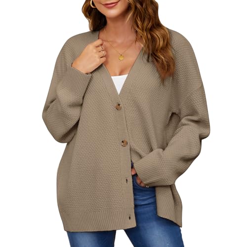 QIANSIQIANBO Strickjacke Damen Kurz Strick Cardigan V-Ausschnitt Knopfleiste Langarm Open Front Strickpullover Herbst Winter Gestrickte Strickjacke Top (XL) Haferflocken von QIANSIQIANBO