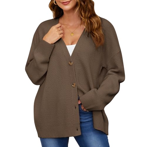 QIANSIQIANBO Strickjacke Damen Kurz Strick Cardigan V-Ausschnitt Knopfleiste Langarm Open Front Strickpullover Herbst Winter Gestrickte Strickjacke Top (XL) Muskatnuss von QIANSIQIANBO