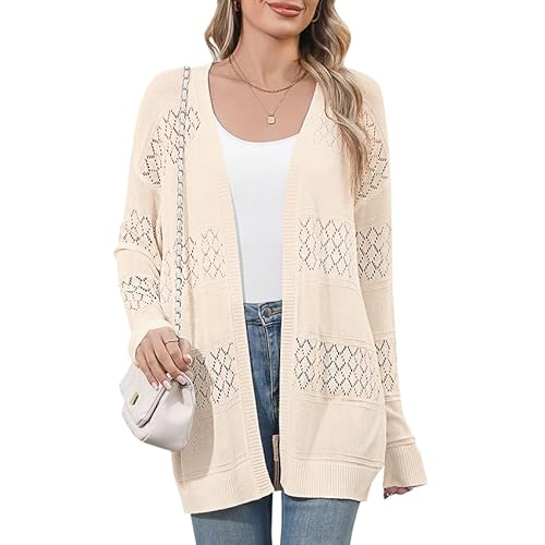 QIANSIQIANBO Strickjacke Damen Leichte Offener Front Weiche Sommer Strickjacken Langarm Boho Casual Häkeln Strickpullover (L) Aprikose von QIANSIQIANBO